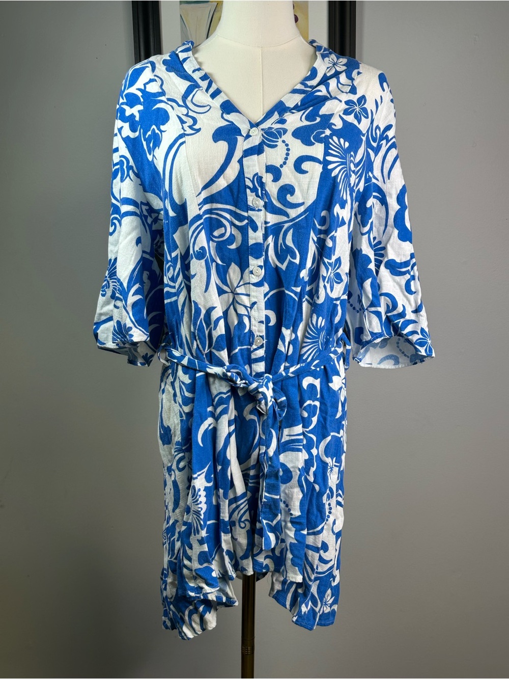 Zara Linen Blend Blue White Floral Shirt Dress Belted Tie Waist Size XL